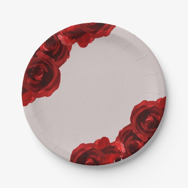 Assiettes En Carton Roses Aquarelles Modernes Rouge Taupe pour Mariage (Devant)