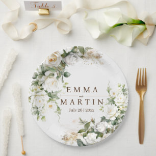Assiettes En Carton Roses blanches Fleurs de mariage