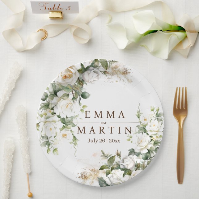 Assiettes En Carton Roses blanches Fleurs de mariage (Mariage)