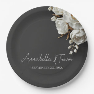 Assiettes En Carton Roses blanches & Pivoines sur fond Charbon de bois