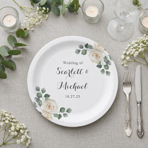 Assiettes En Carton Roses blanches Printemps Floral Mariage Romantique