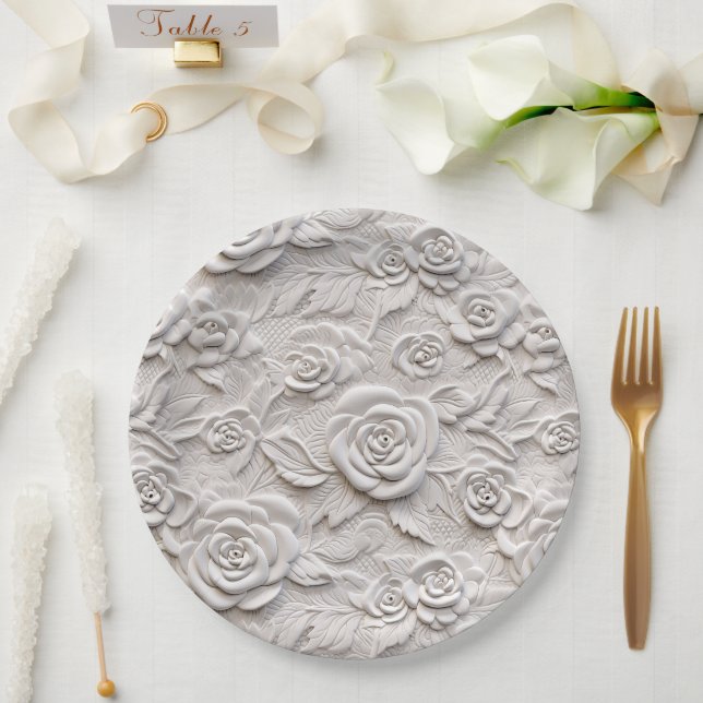 Assiettes En Carton Roses blanches romantiques Faux Mariage en cuir (Mariage)