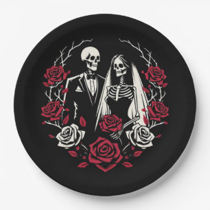 Assiettes En Carton Roses blanches rouges & noires Squelette Couple Ma