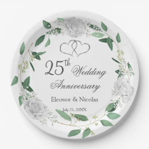 Assiettes En Carton Roses blanches Verdure 25e anniversaire Mariage