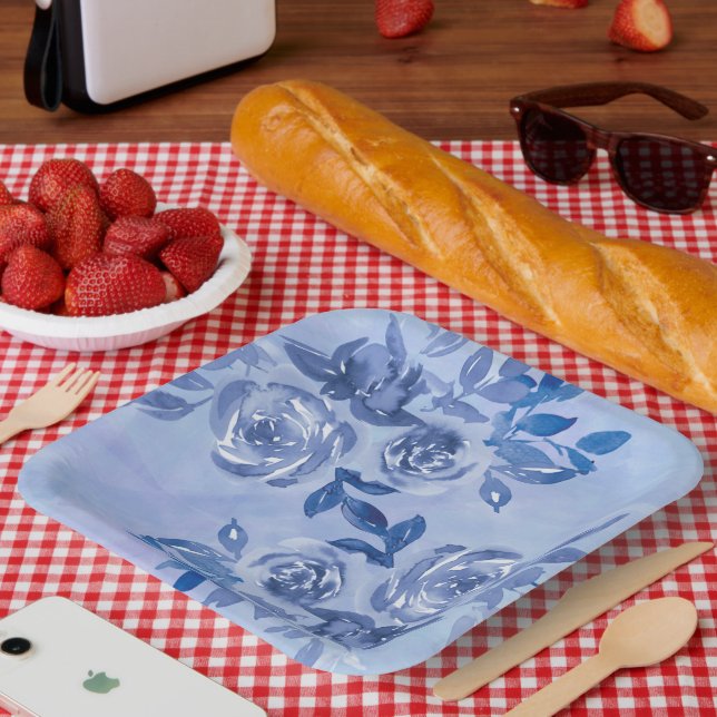 Assiettes En Carton Roses bleu aquarelle (Pique-nique)