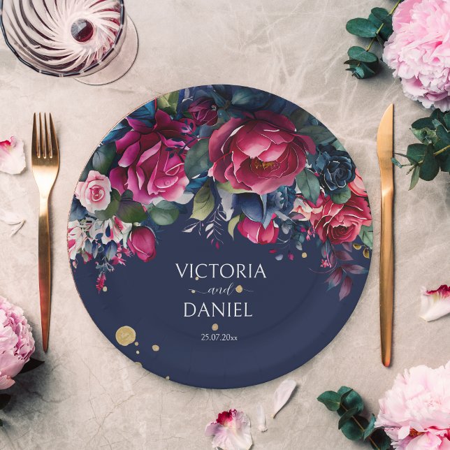 Assiettes En Carton Roses bleu marine rose chaud mariage personnalisé (Créateur téléchargé)