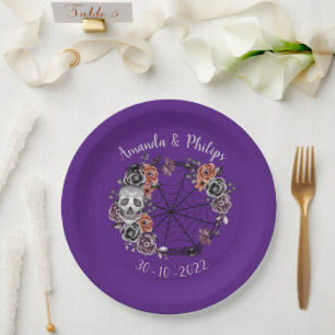 Assiettes En Carton Roses crâne gothique violet Mariage d'Halloween Wr