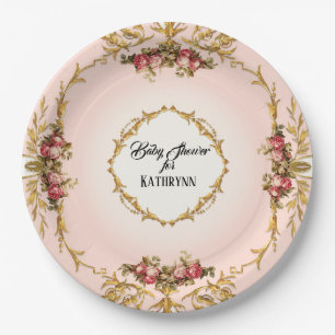 Assiettes En Carton Roses de Baby shower vintage en scrolls baroques
