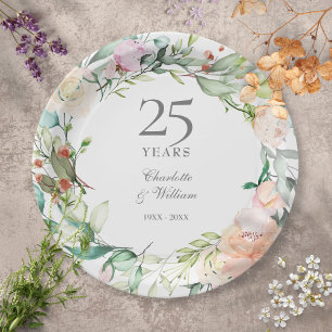 Assiettes En Carton Roses de la 25e Anniversaire de Mariage Fleurie et