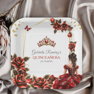 Assiettes En Carton Roses de Tiara Doré Rouge Quinceañera