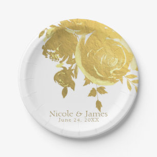 Assiettes En Carton Roses Dorées Faux Feuille Élégant Moderne Floral M