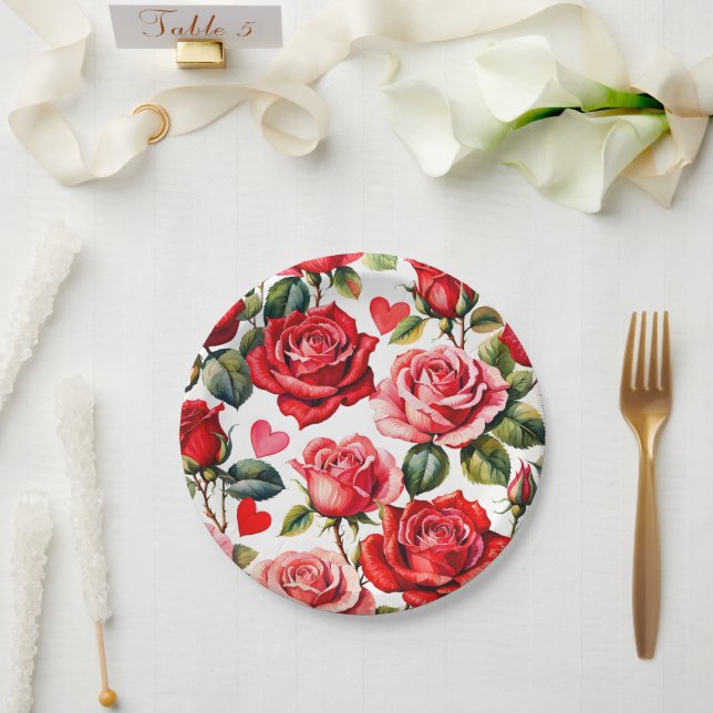 Assiettes En Carton Roses et coeurs (Mariage)