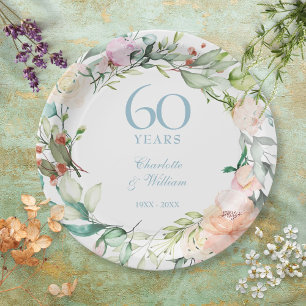 Assiettes En Carton Roses Fleurales pour les 60 ans de Mariage Anniver