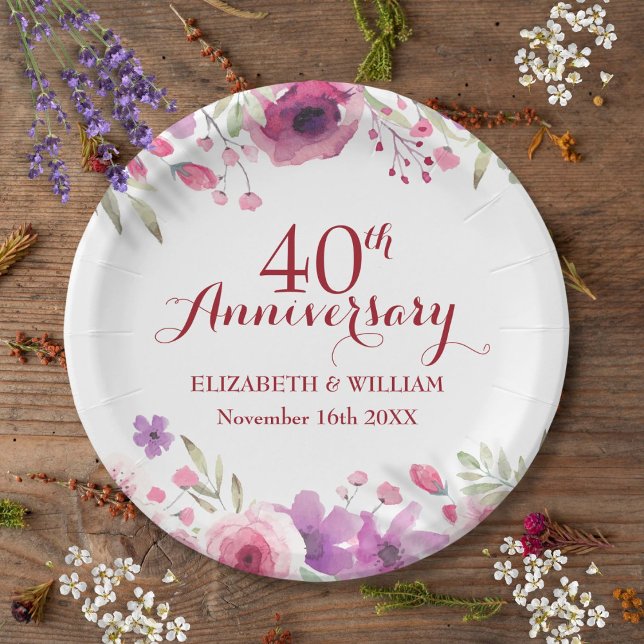 Assiettes En Carton Roses Florales 40e Anniversaire de Mariage de Rubi (40th Ruby Wedding Anniversary Roses Floral Paper Plates)