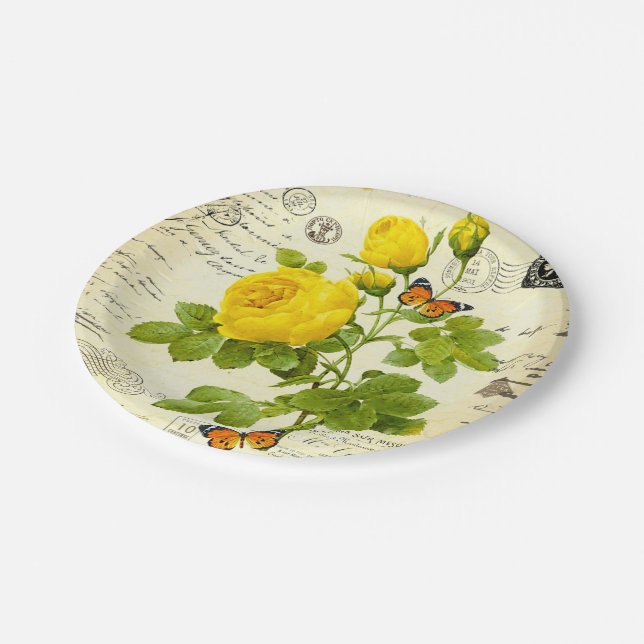 Assiettes En Carton Roses jaunes vintages (Angle)