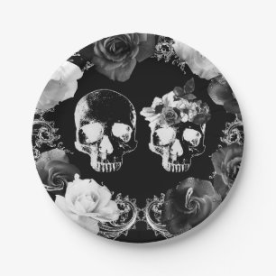 Assiettes En Carton Roses Noires et Blanches Crâne de squelette Mariag
