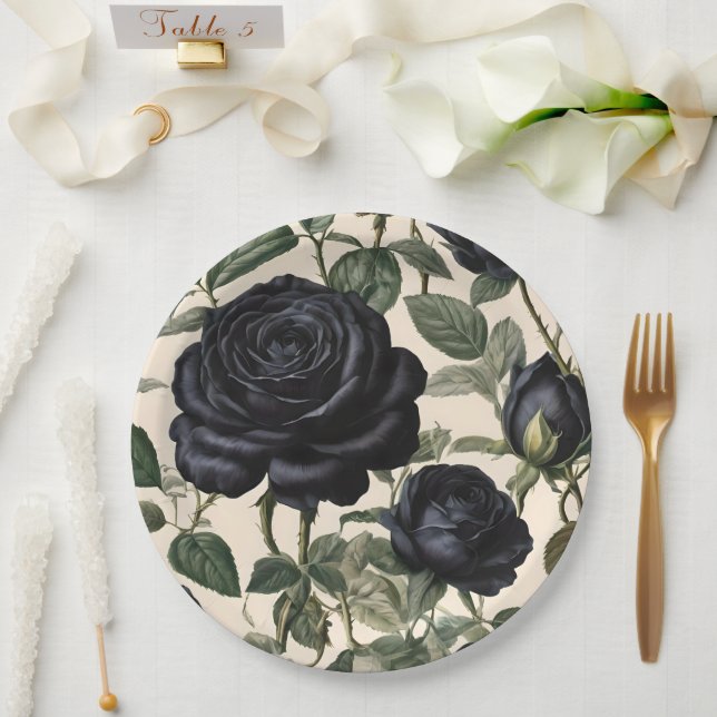 Assiettes En Carton Roses Noirs Et Feuilles Verts, (Mariage)
