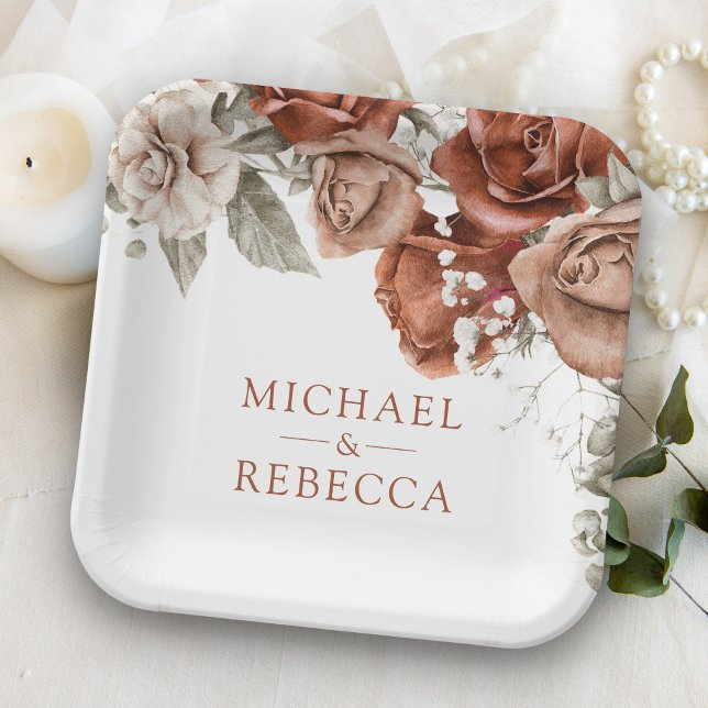 Assiettes En Carton Roses orange brûlés Terracotta Mariage floral (Créateur téléchargé)