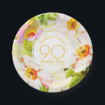 Assiettes En Carton Roses Peonies 90th Birthday Party Paper Plate<br><div class="desc">Classic floral pattern of old wild roses and peonies on bistre background. Very classy vintage graphics with texts into a white round shape on customizable 90th birthday party paper plate. You can easily change text (font, size, color and position), design and shape (size and position) by clicking the "edit using...</div>