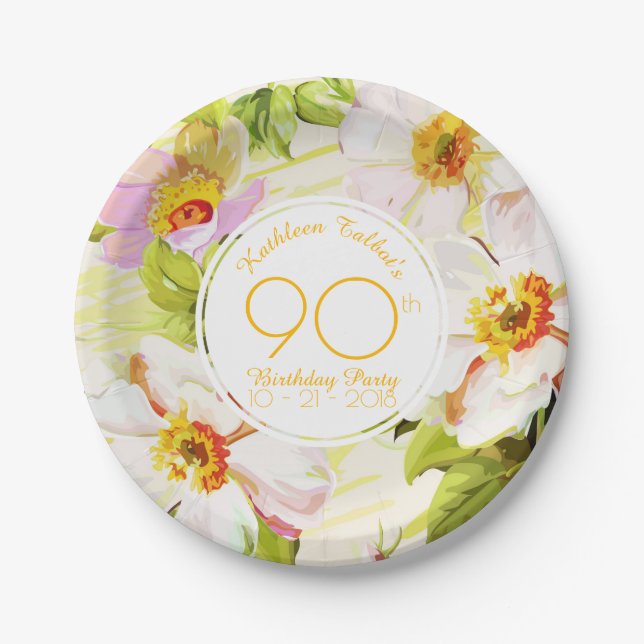 Assiettes En Carton Roses Peonies 90th Birthday Party Paper Plate (Devant)