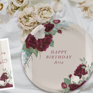 Assiettes En Carton Roses personnalisées en burgundy et ivoire