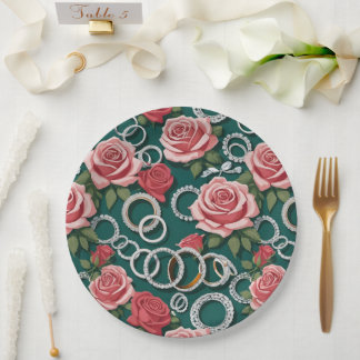 Assiettes En Carton Roses Romantiques Et Bagues De Mariage En Diamant 