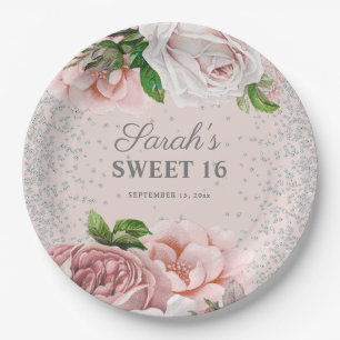 Assiettes En Carton Roses Rose Pâle Pailleté Argent Douce 16  