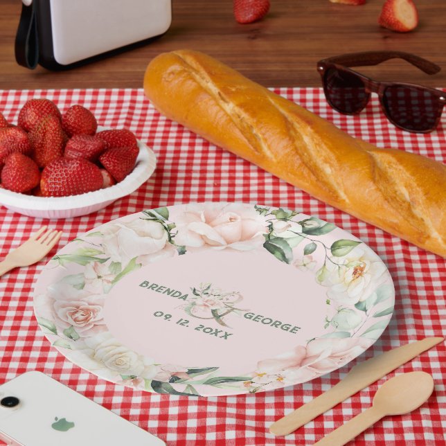 Assiettes En Carton Roses rose pastel aquarelles wire (Pique-nique)