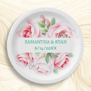 Assiettes En Carton Roses roses et feuillage vert personnalisés pour m