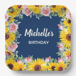 Assiettes En Carton Roses roses jaunes bleu marine Anniversaire