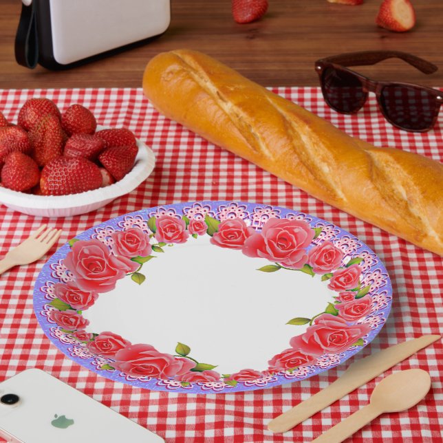 Assiettes En Carton Roses Roses Roses Roses Valentine Ajouter Vos Plaq (Pique-nique)