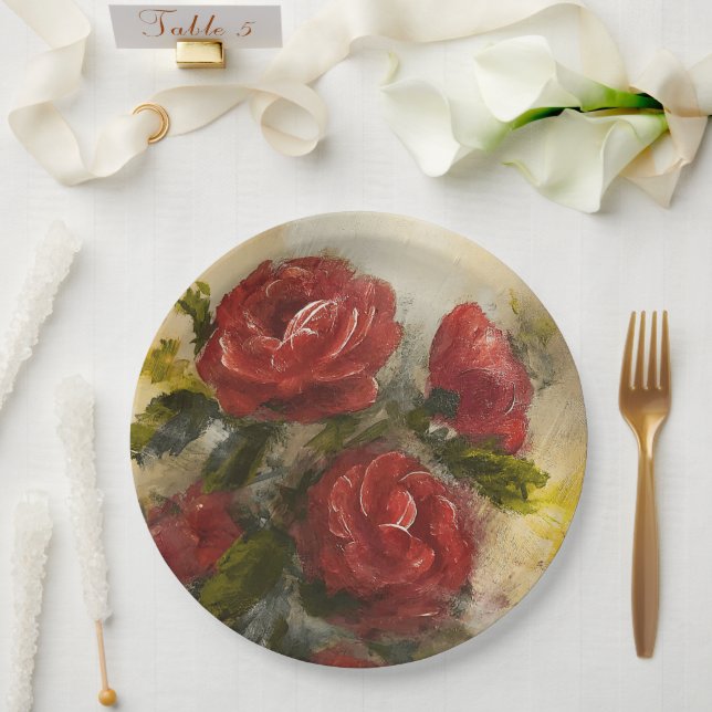 Assiettes En Carton Roses rouges  (Mariage)