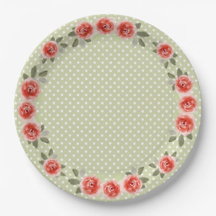 Assiettes En Carton Roses rouges à la chaux et points blancs