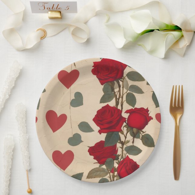Assiettes En Carton Roses rouges avec Coeurs Motif romantique (Mariage)