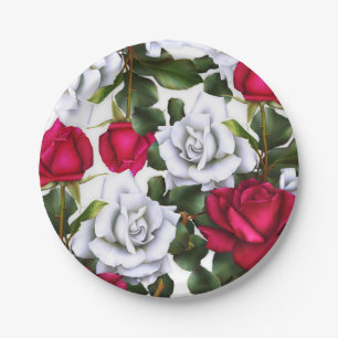 Assiettes En Carton Roses Rouges & Blanches Chic Shabby Rustique Moder
