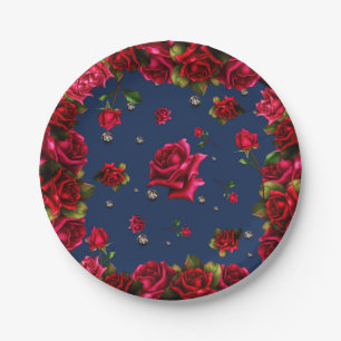 Assiettes En Carton Roses rouges bleues et Bling de diamants Fête élég