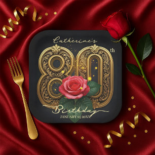Assiettes En Carton Roses rouges Classy et Filigree or 80e anniversair