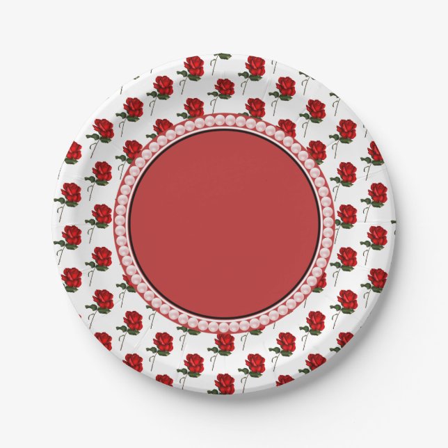 Assiettes En Carton Roses Rouges et Perles Élégante Fête de Mariage Fl (Devant)