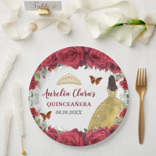 Assiettes En Carton Roses rouges Papillons floraux Princesse Rose jaun