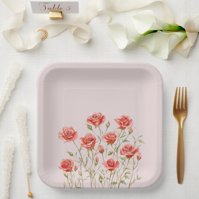 Assiettes En Carton Roses rouges romantiques roses rousses (Mariage)