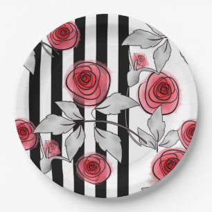 Assiettes En Carton Roses rouges, roses d'aquarelle