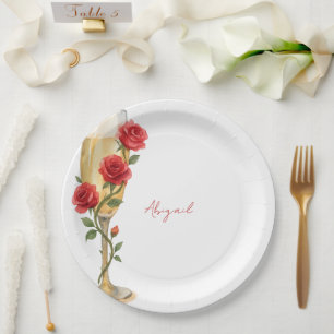 Assiettes En Carton Roses rouges sur Champagne Nom personnalisé
