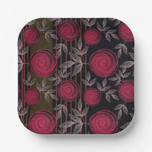 Assiettes En Carton Roses rouges sur noir.