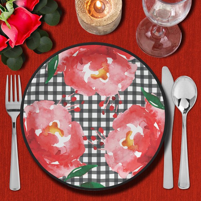 Assiettes En Carton Roses sur carreaux noir et blanc (Roses on Black and White Gingham Paper Plates)