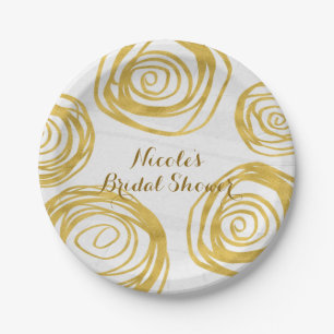 Assiettes En Carton Roses Tourbillon Blanc Et Or Mariage Moderne