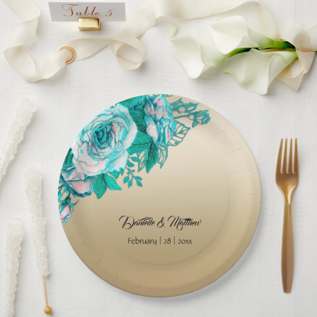 Assiettes En Carton Roses turquoise sur Mariage or (Mariage)