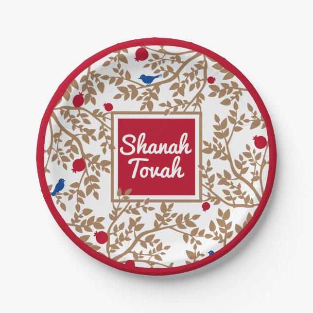 Assiettes En Carton Rosh Hashanah Jour de l'An juif Oiseaux et grenade (Devant)