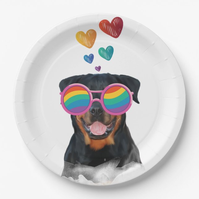 Assiettes En Carton Rottweiler Chien avec Coeurs Saint-Valentin (Devant)
