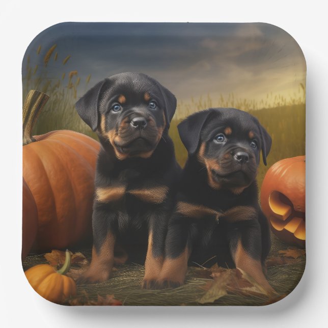 Assiettes En Carton Rottweiler Chiot Automne Citrouille de plaisir (Recto)