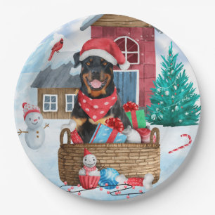 Assiettes En Carton Rottweiler Dog In snow Christmas Dog House